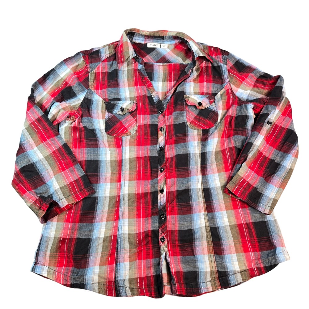 Cato Women's Red Black Plaid Metallic Button Down Shirt Roll Tab Sleeve Sz Large